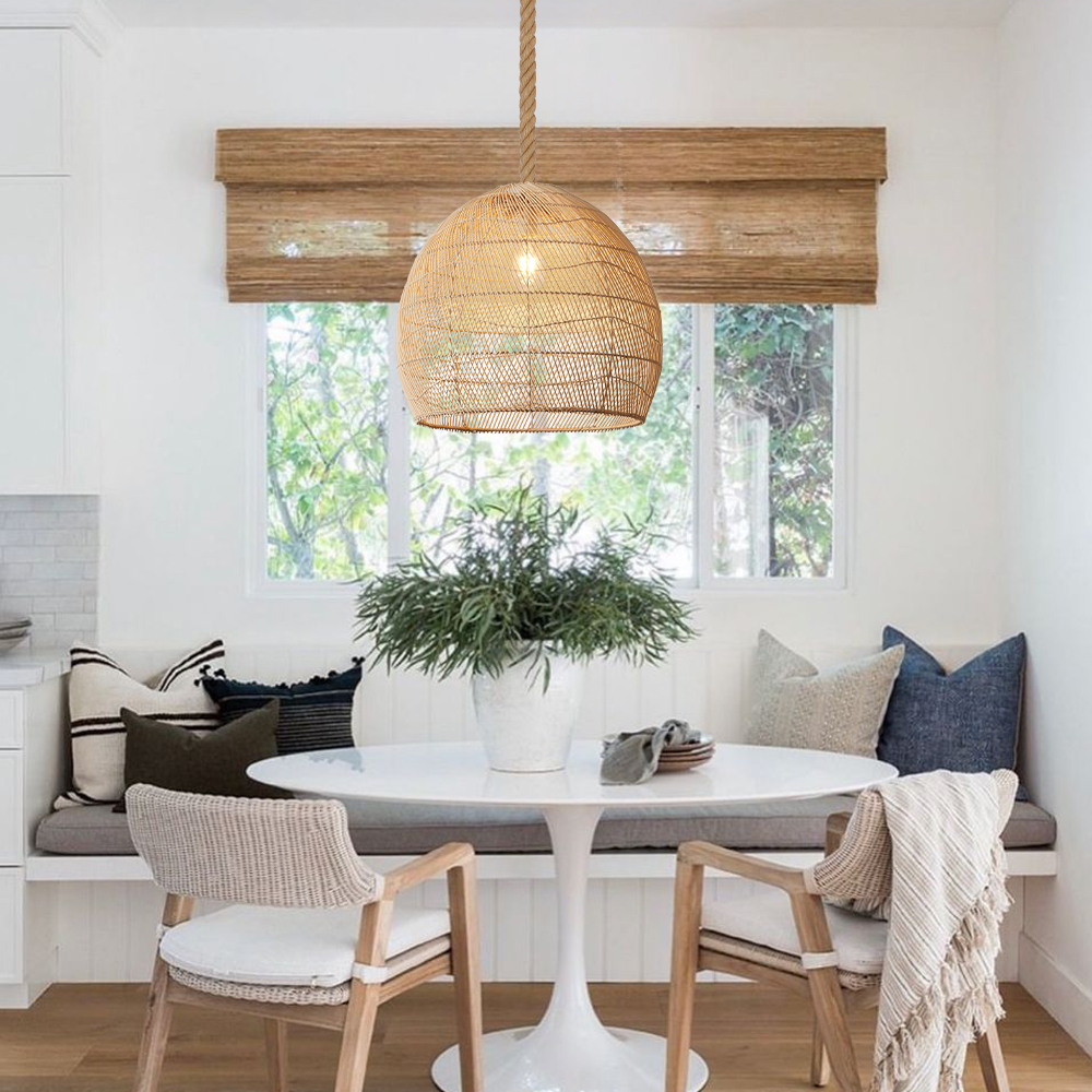 Boho Style Natural Hand-Woven Rattan Dome Pendant Light for Dining Room