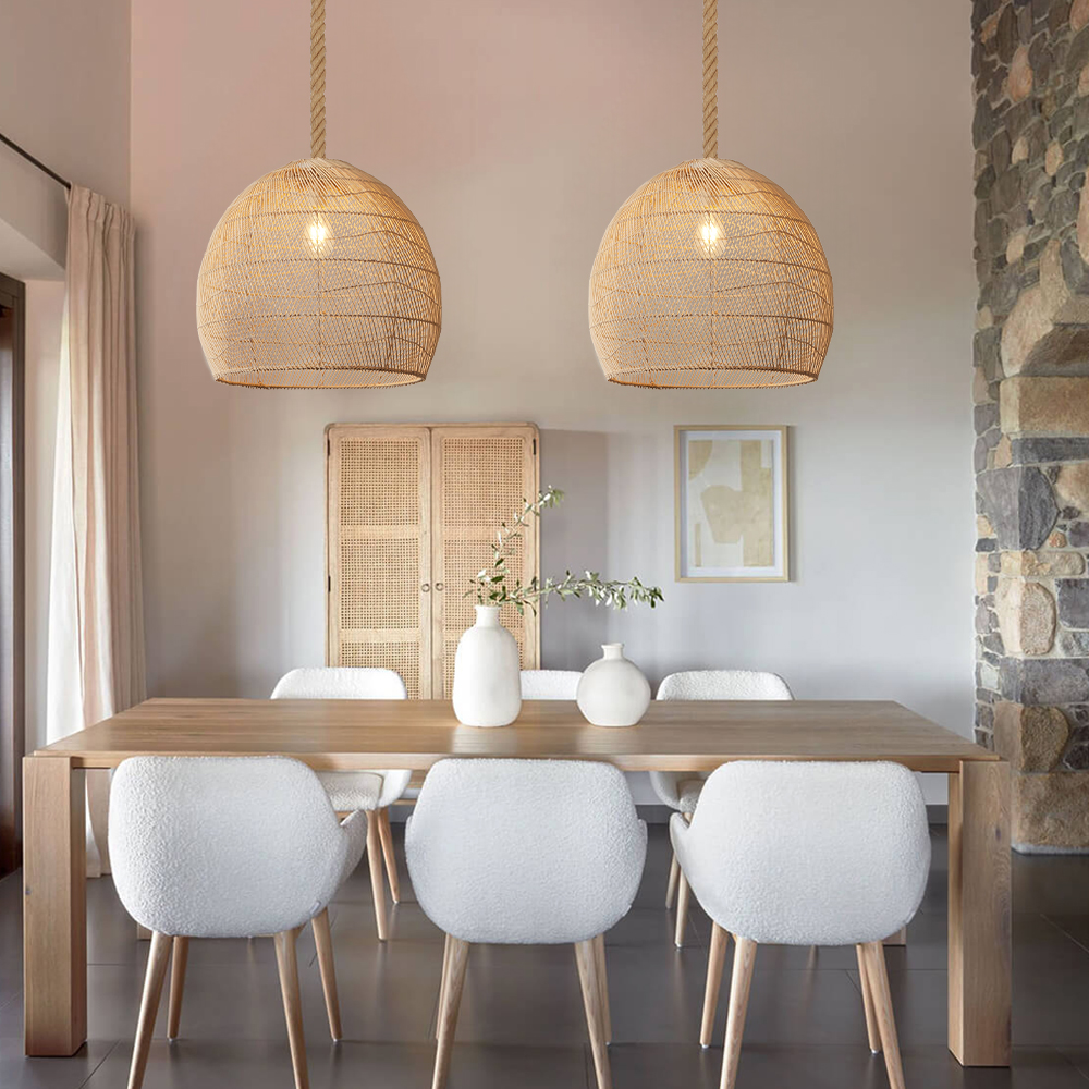Boho Style Natural Hand-Woven Rattan Dome Pendant Light for Dining Room