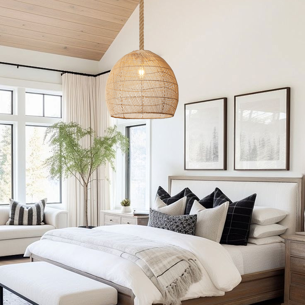 Boho Style Natural Hand-Woven Rattan Dome Pendant Light for Dining Room