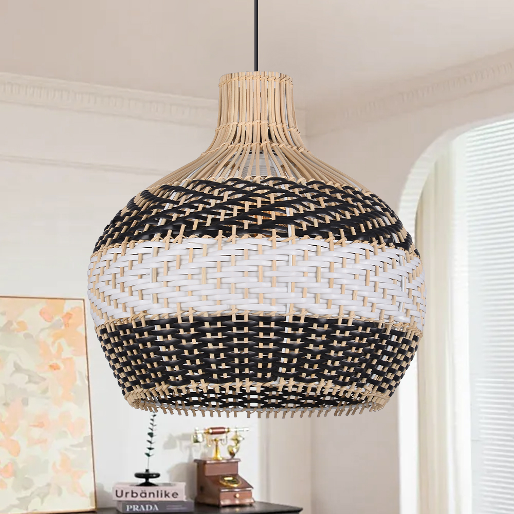 Japanese Hand-wove Rattan Pendant Light with Black and White Splicing Color for Living Room