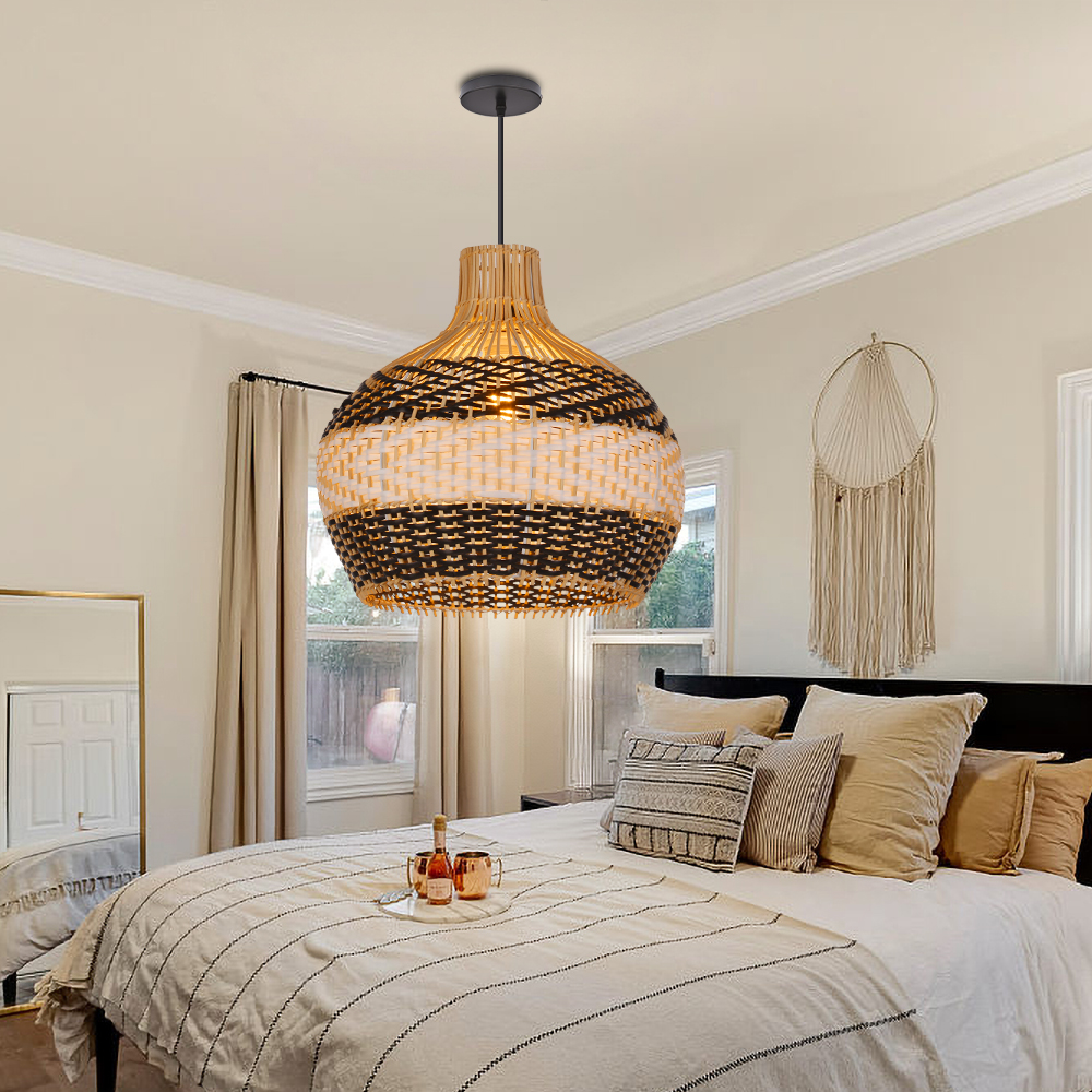Japanese Hand-wove Rattan Pendant Light with Black and White Splicing Color for Living Room