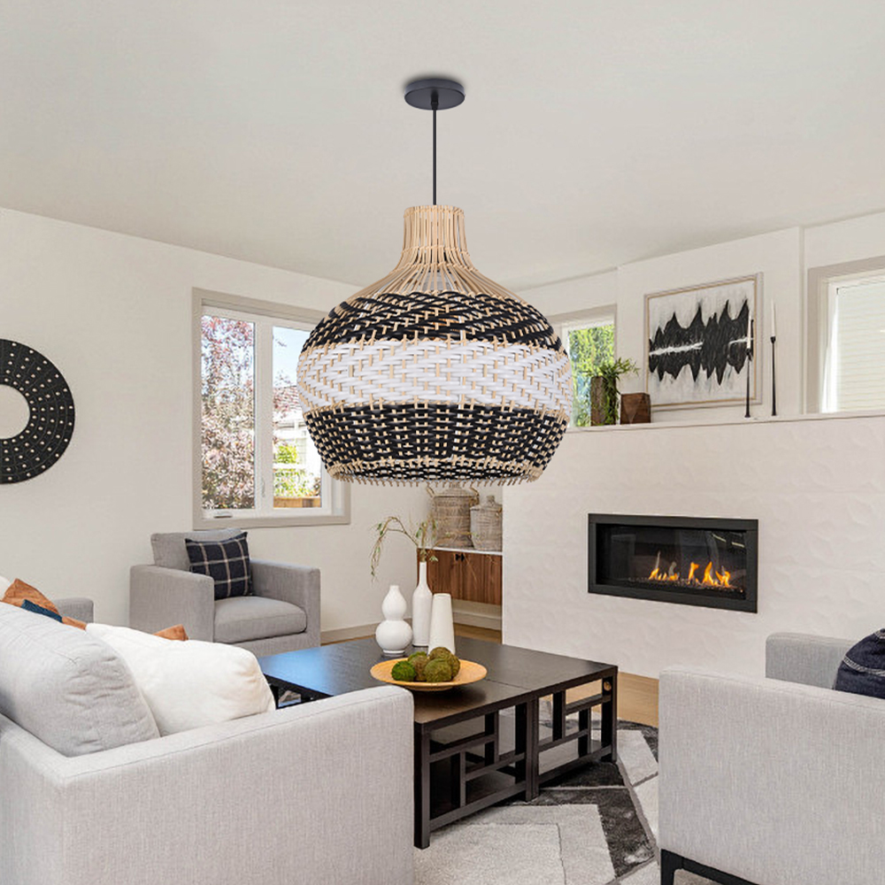 Japanese Hand-wove Rattan Pendant Light with Black and White Splicing Color for Living Room