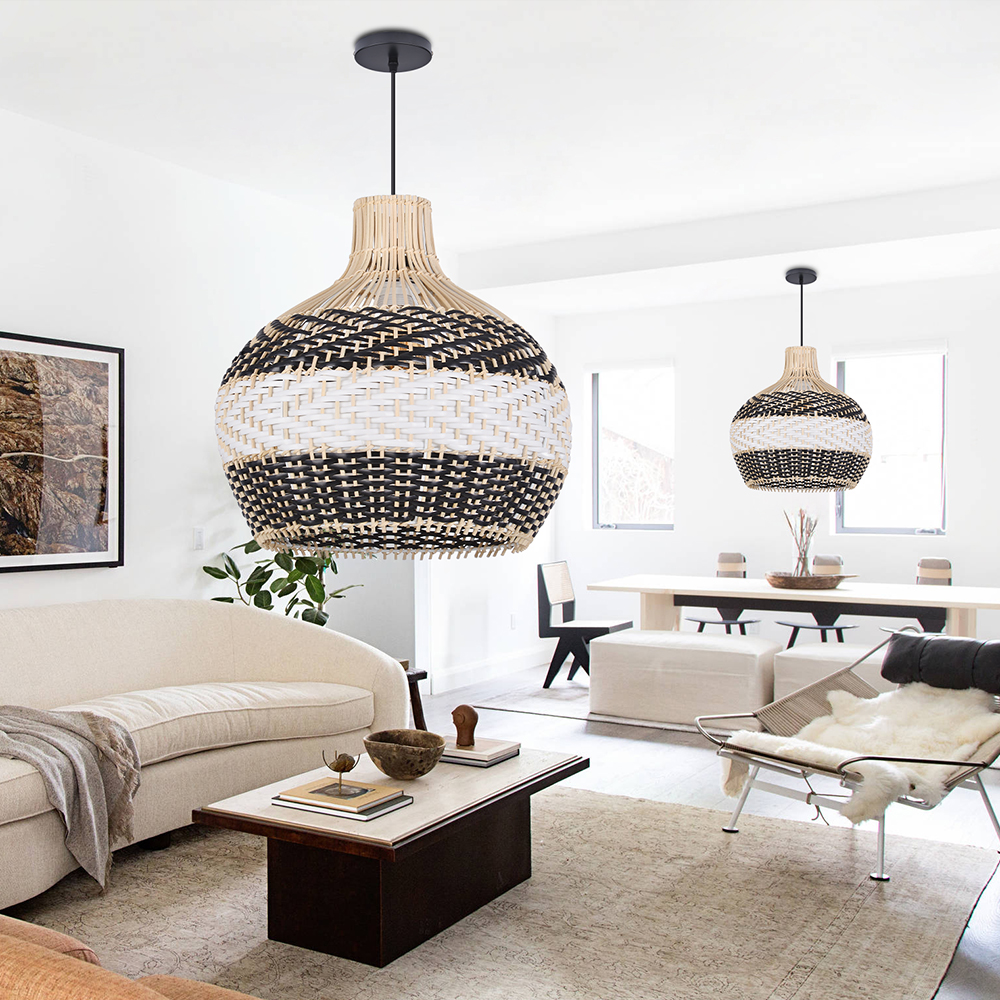 Japanese Hand-wove Rattan Pendant Light with Black and White Splicing Color for Living Room