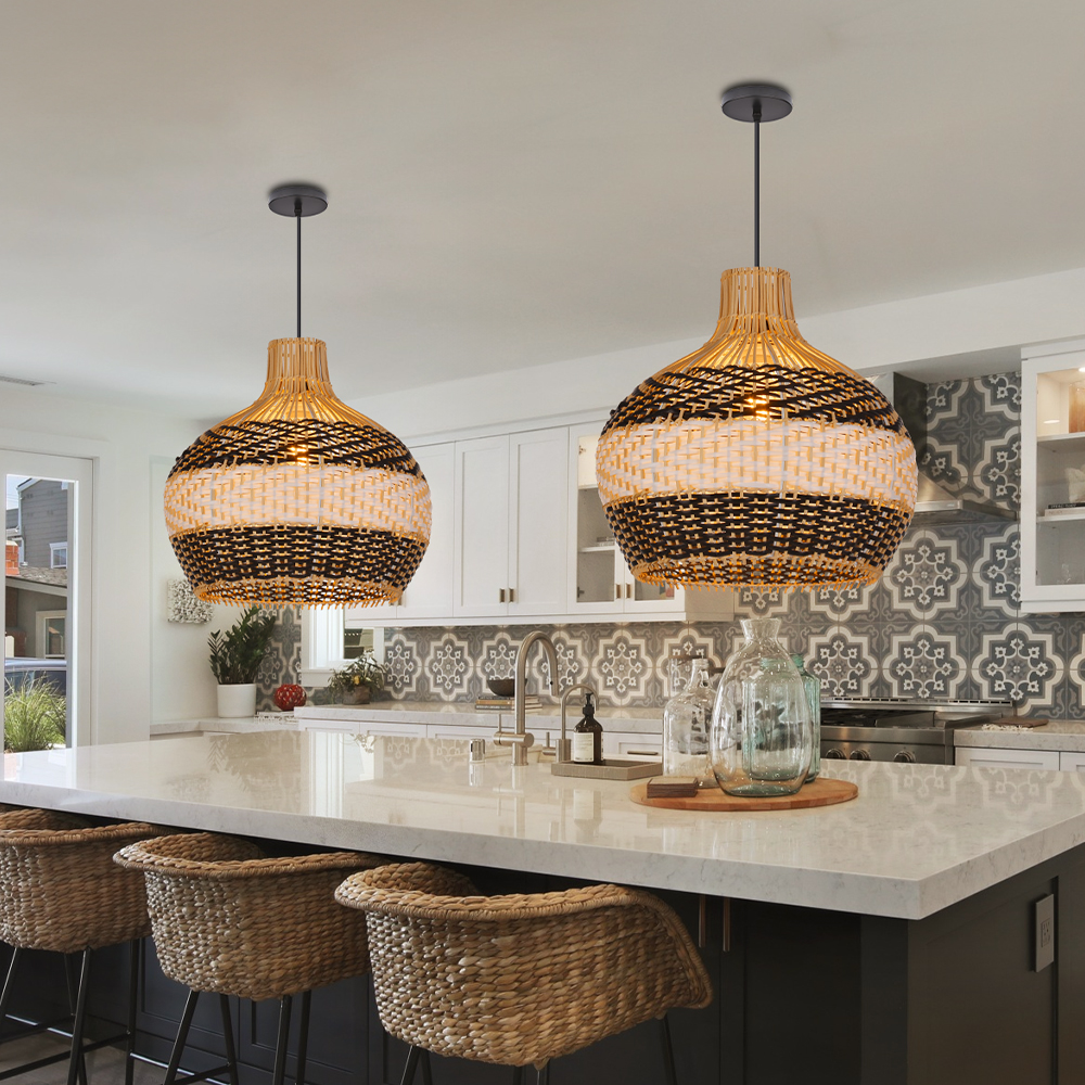 Japanese Hand-wove Rattan Pendant Light with Black and White Splicing Color for Living Room