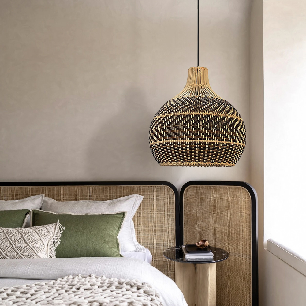 Wabi-sabi Rattan Brown Pendant Lamp Living Room Hanging Lampshade Lighting Fixture