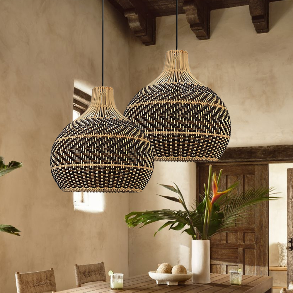 Wabi-sabi Rattan Brown Pendant Lamp Living Room Hanging Lampshade Lighting Fixture
