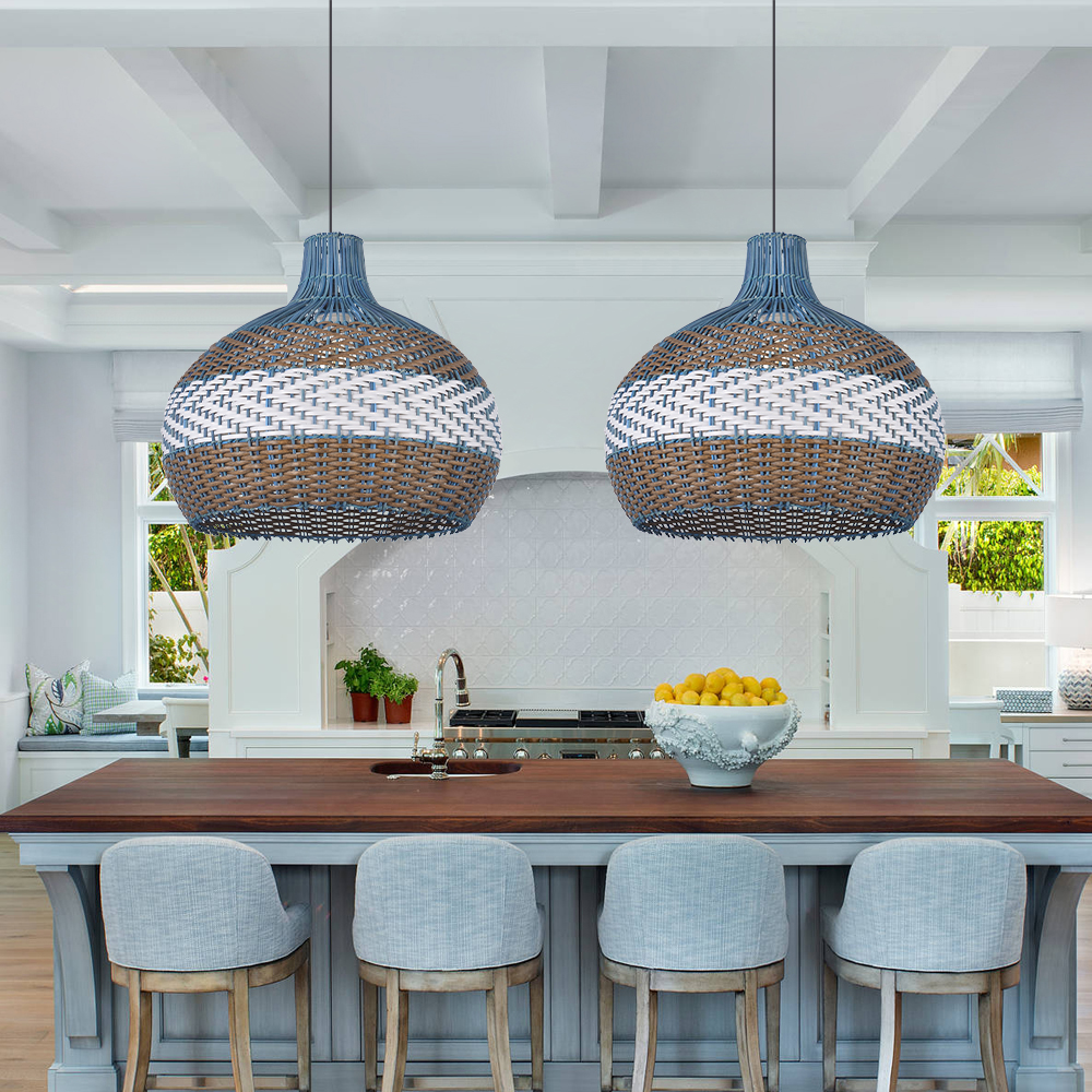 Coastal Kitchen Island Blue Rattan Pendant Light