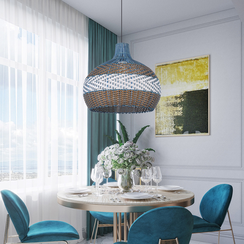 Coastal Kitchen Island Blue Rattan Pendant Light
