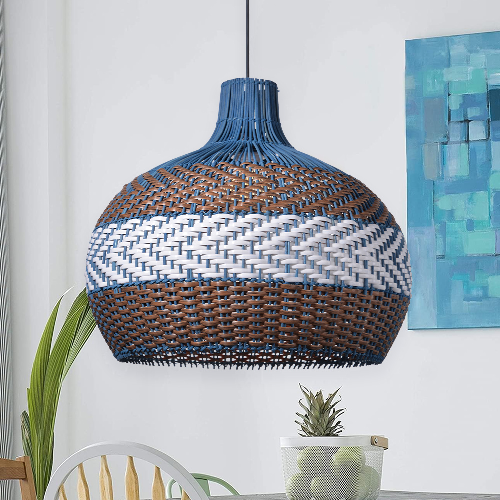 Coastal Kitchen Island Blue Rattan Pendant Light