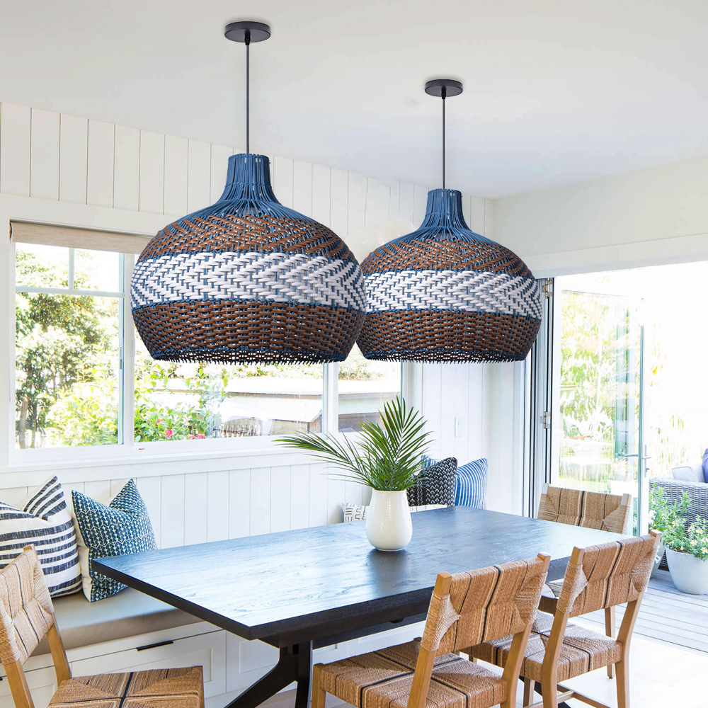 Coastal Kitchen Island Blue Rattan Pendant Light