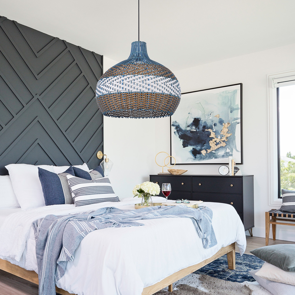 Coastal Kitchen Island Blue Rattan Pendant Light