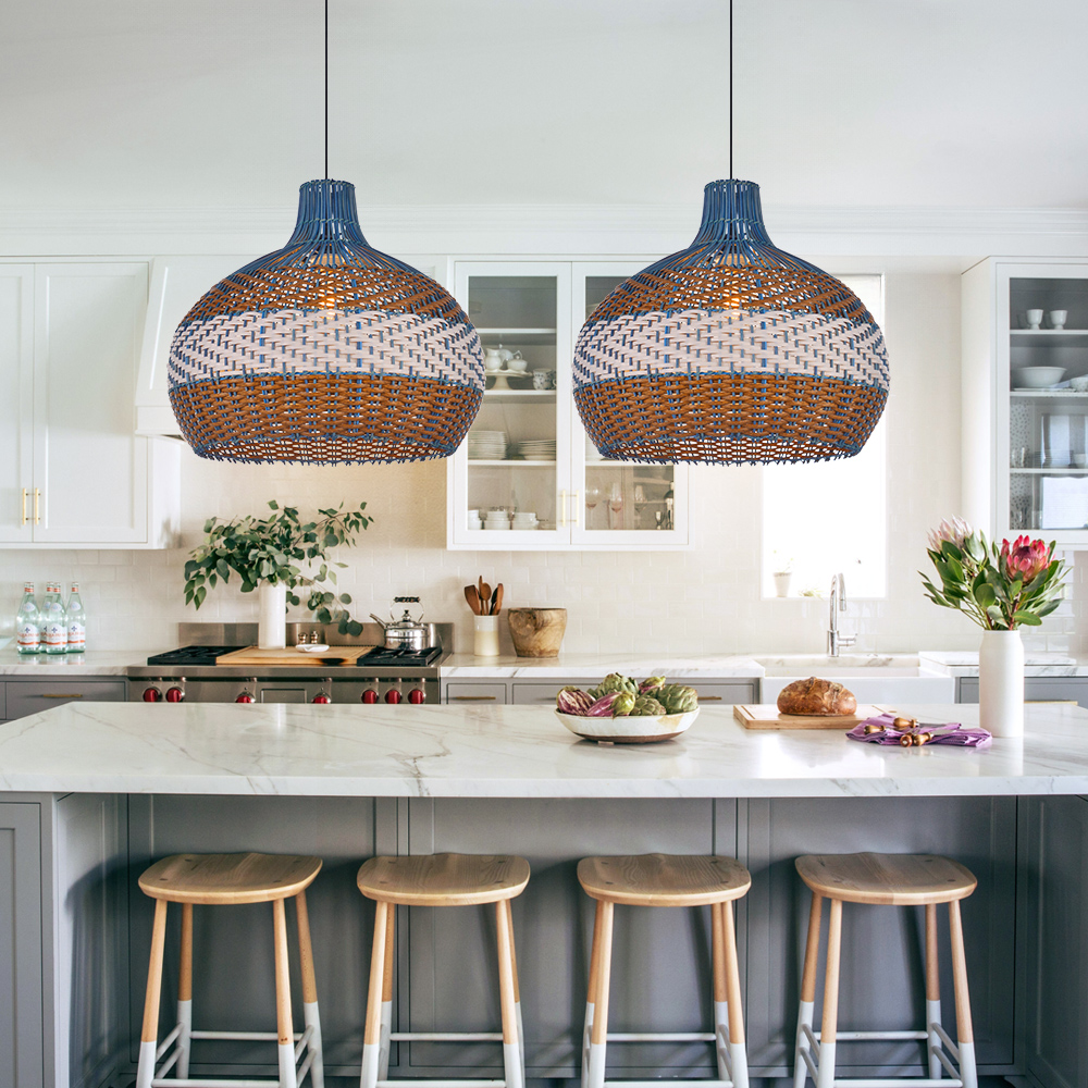 Coastal Kitchen Island Blue Rattan Pendant Light
