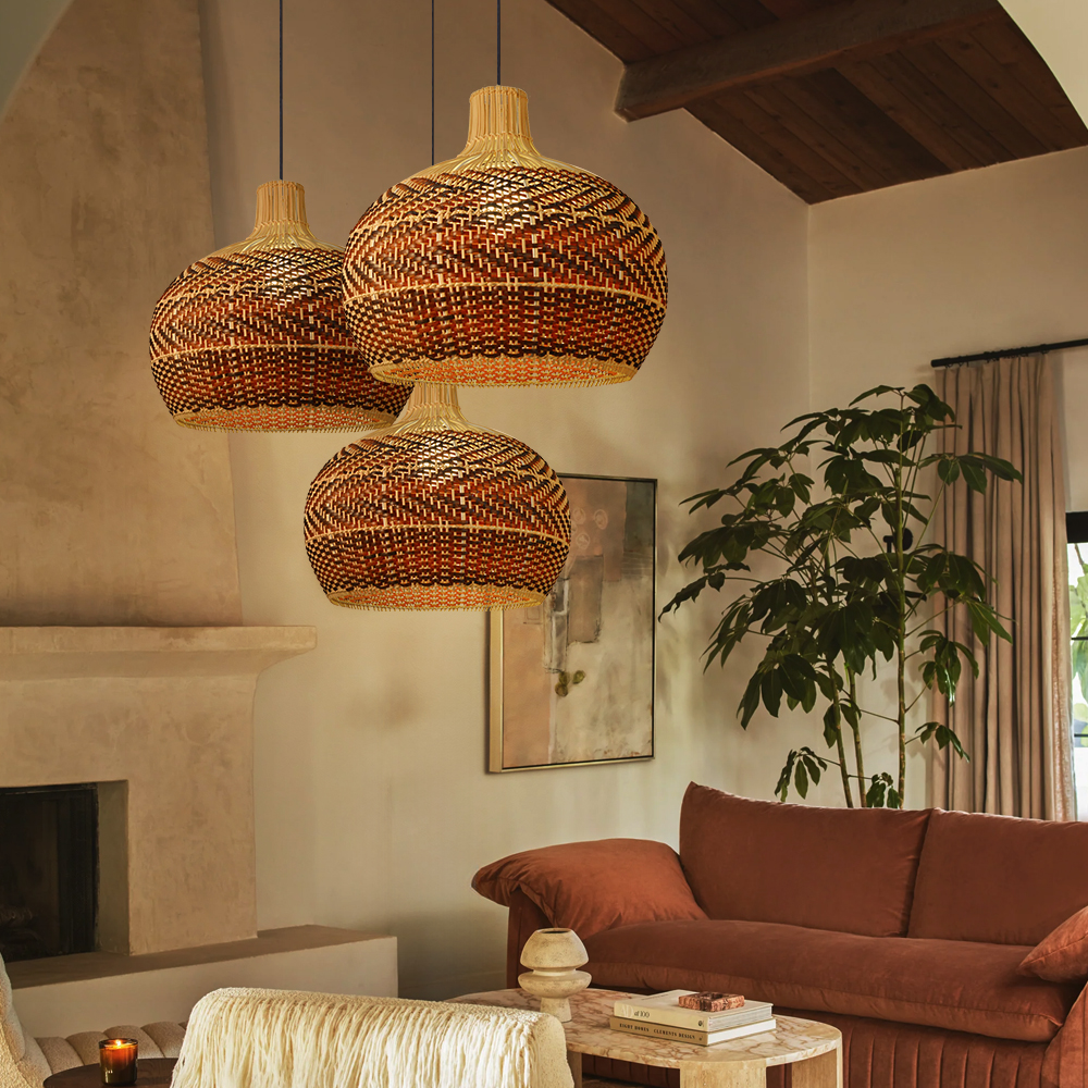 Wabi-Sabi Brown Rattan Pendant Chandelier for Living Room