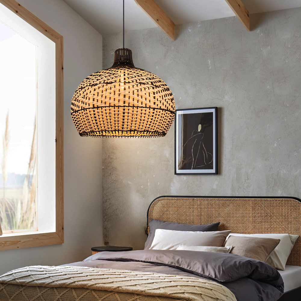 Black Chandelier Japanese Style Rattan Dining Room Pendant Light