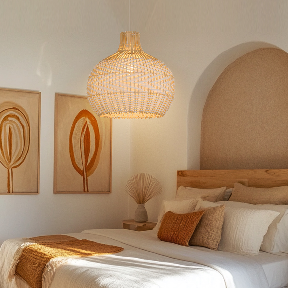 Boho Style White Rattan Pendant Light Dining Room Decorative Lampshade