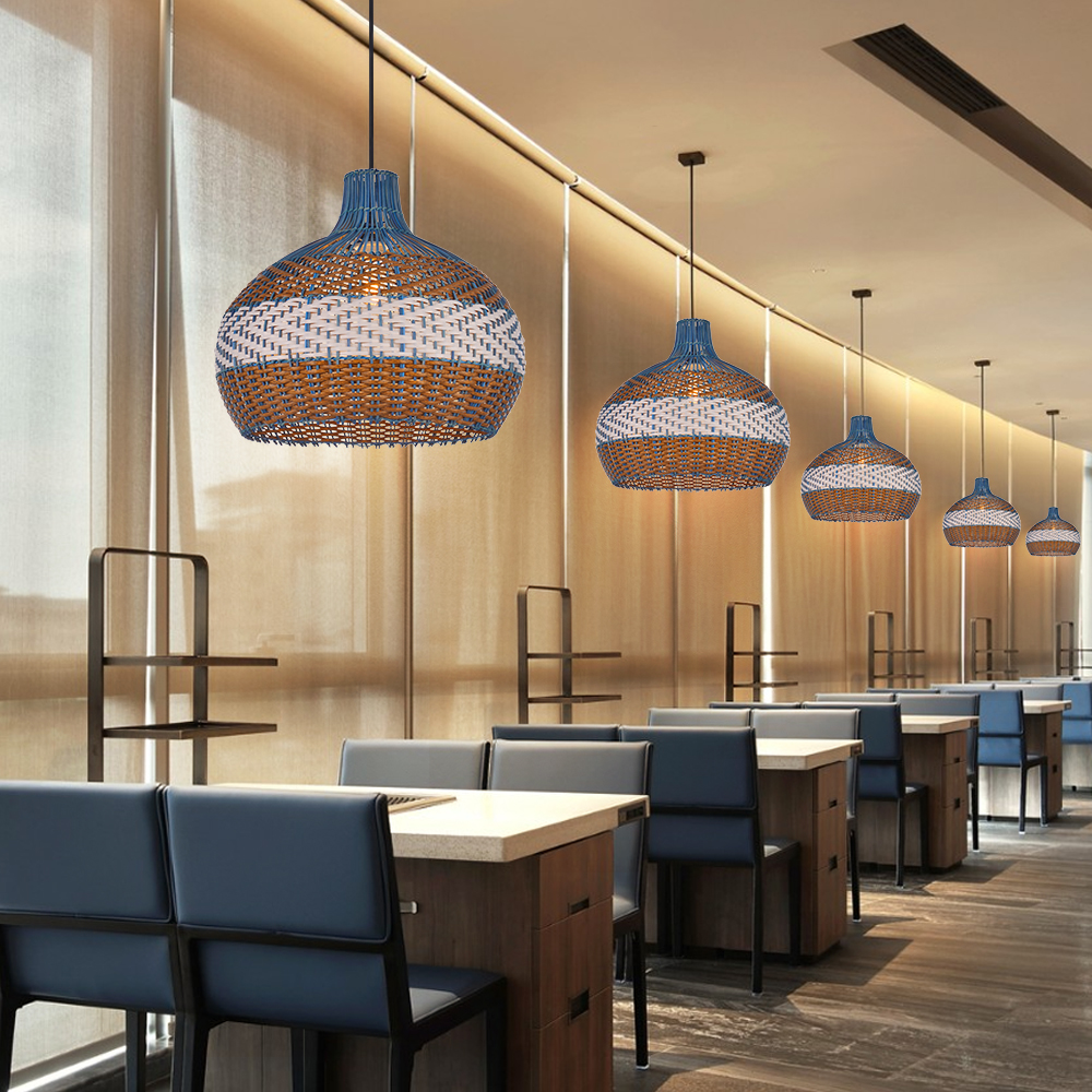Coastal Kitchen Island Blue Rattan Pendant Light