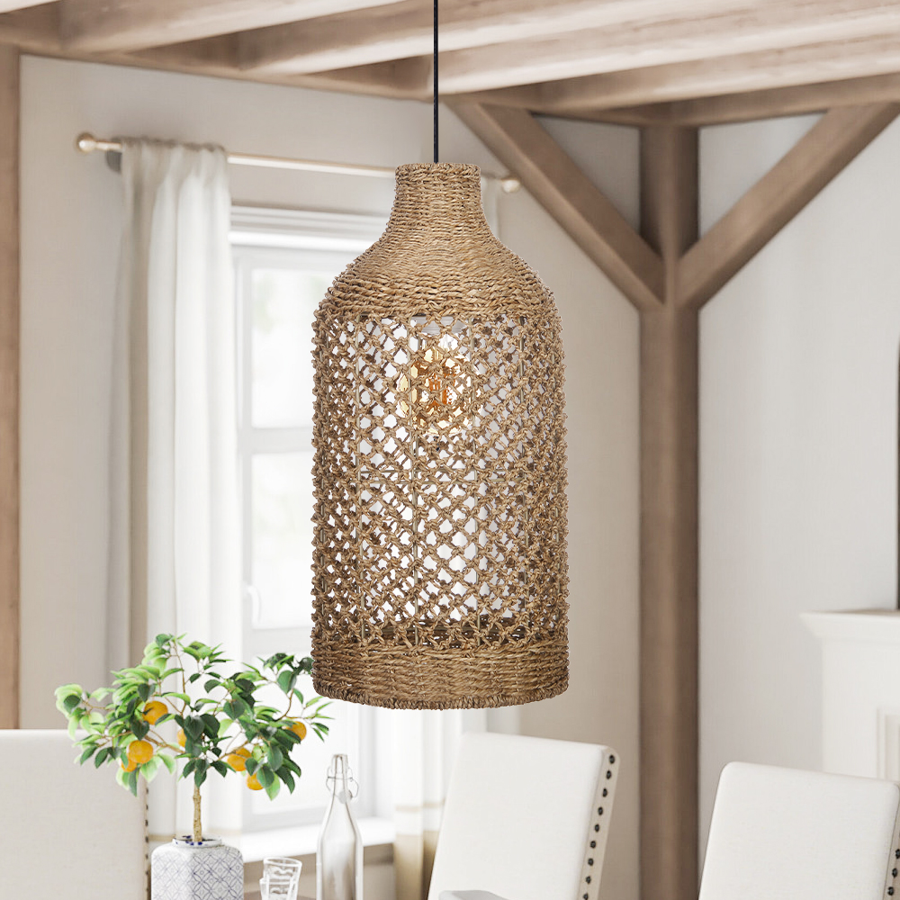 Wabi-sabi Style Rattan Hollow Bottle Pendant Light Restaurant Farmhouse Chandelier