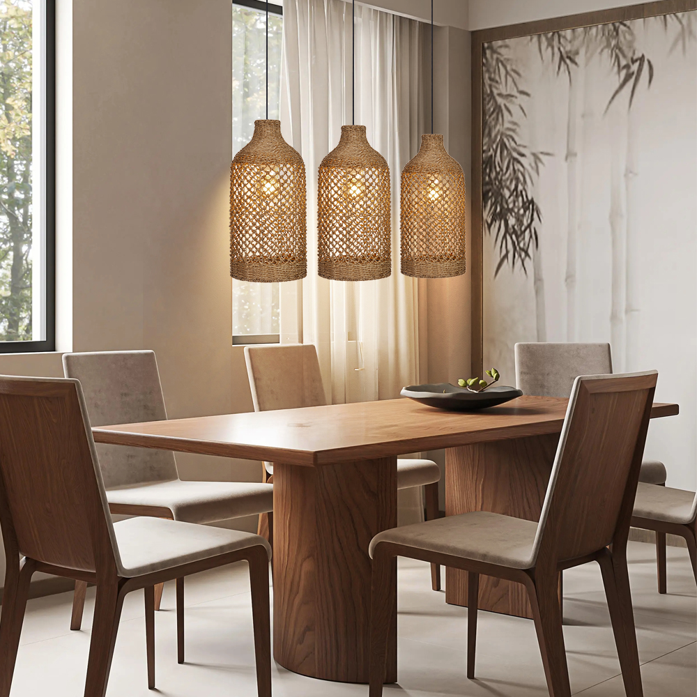 Wabi-sabi Style Rattan Hollow Bottle Pendant Light Restaurant Farmhouse Chandelier