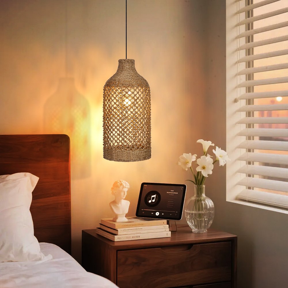 Wabi-sabi Style Rattan Hollow Bottle Pendant Light Restaurant Farmhouse Chandelier