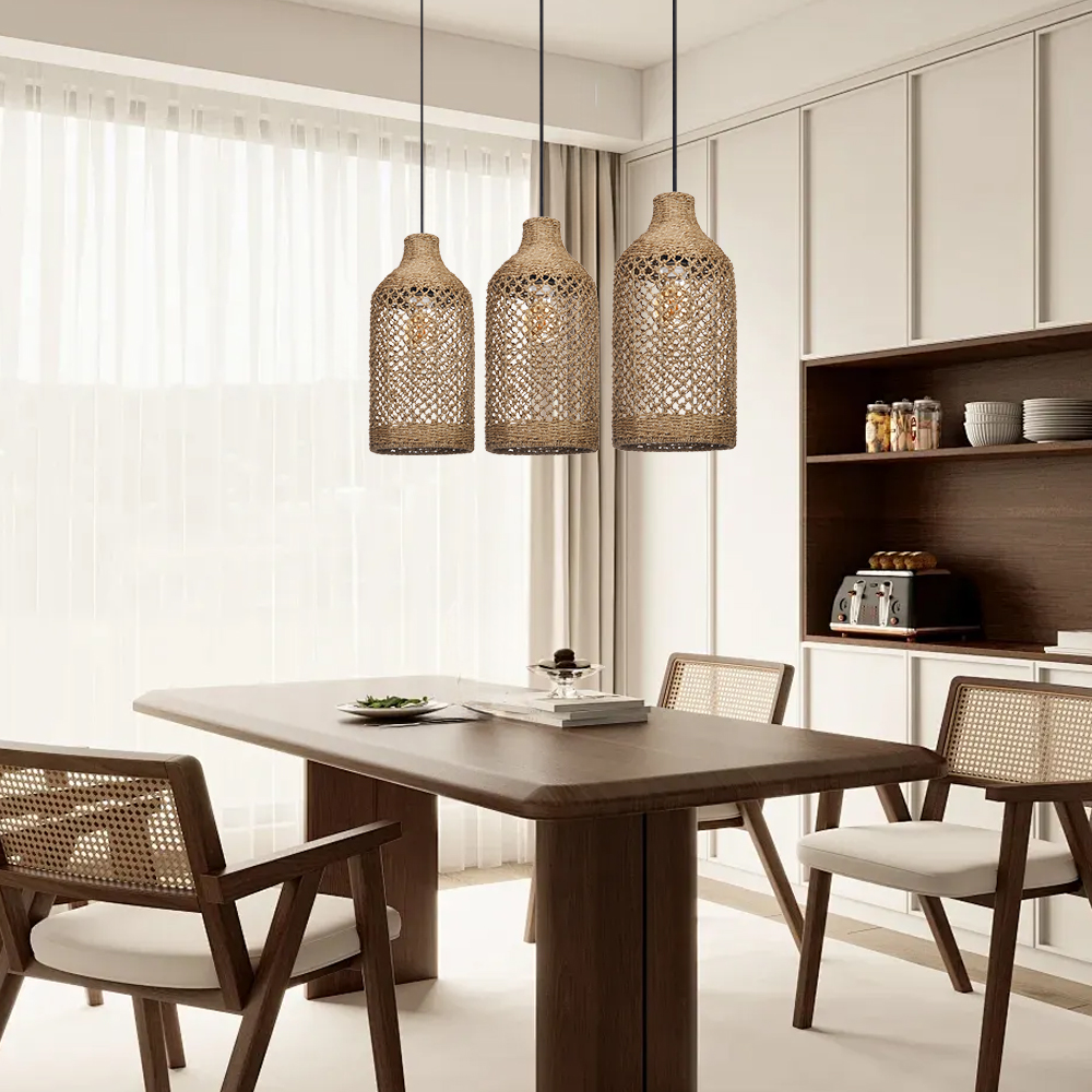 Wabi-sabi Style Rattan Hollow Bottle Pendant Light Restaurant Farmhouse Chandelier