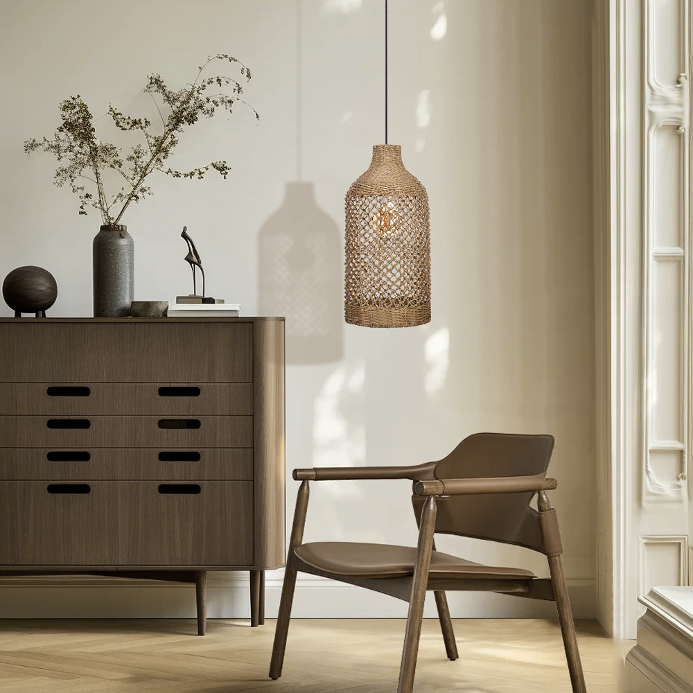 Wabi-sabi Style Rattan Hollow Bottle Pendant Light Restaurant Farmhouse Chandelier