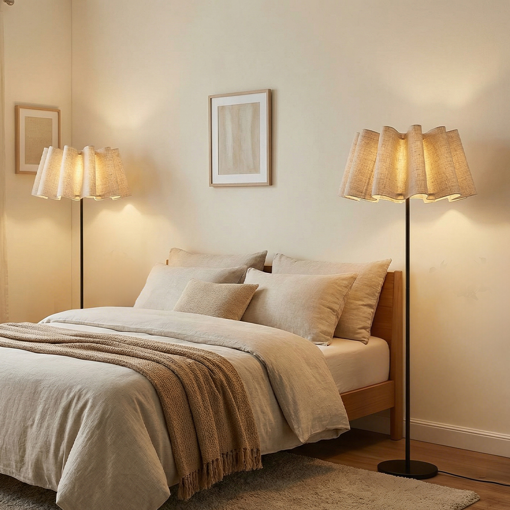 Designer Wavy Pleated Fabric Floor Lamp Nordic Ambient Light for Living Room and Bedroom