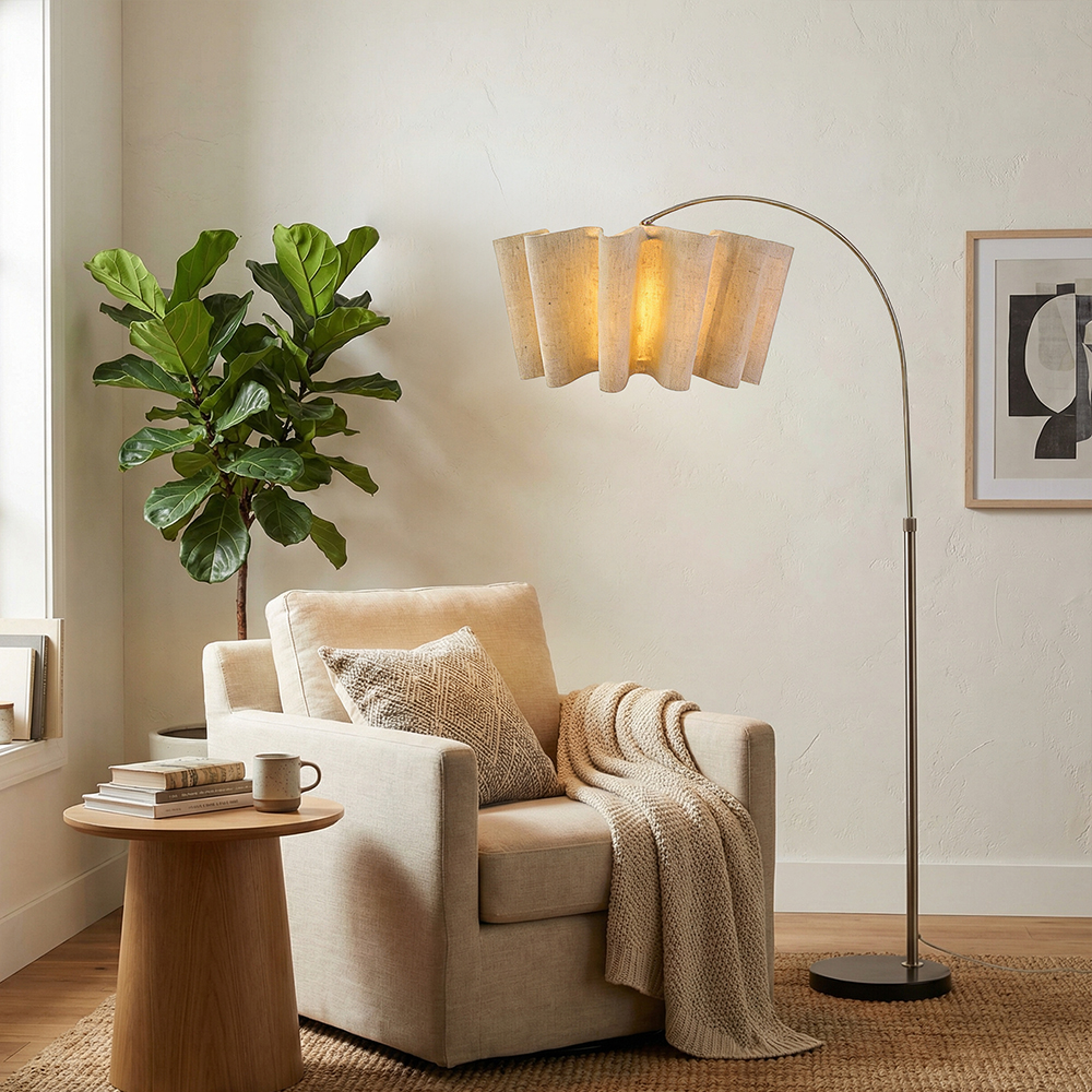 Designer Wavy Pleated Fabric Floor Lamp Nordic Ambient Light for Living Room and Bedroom
