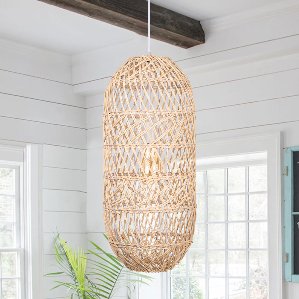 Japanese  Natural Hand-wove Rattan Oval Pendant Light Dining Room Chandelier