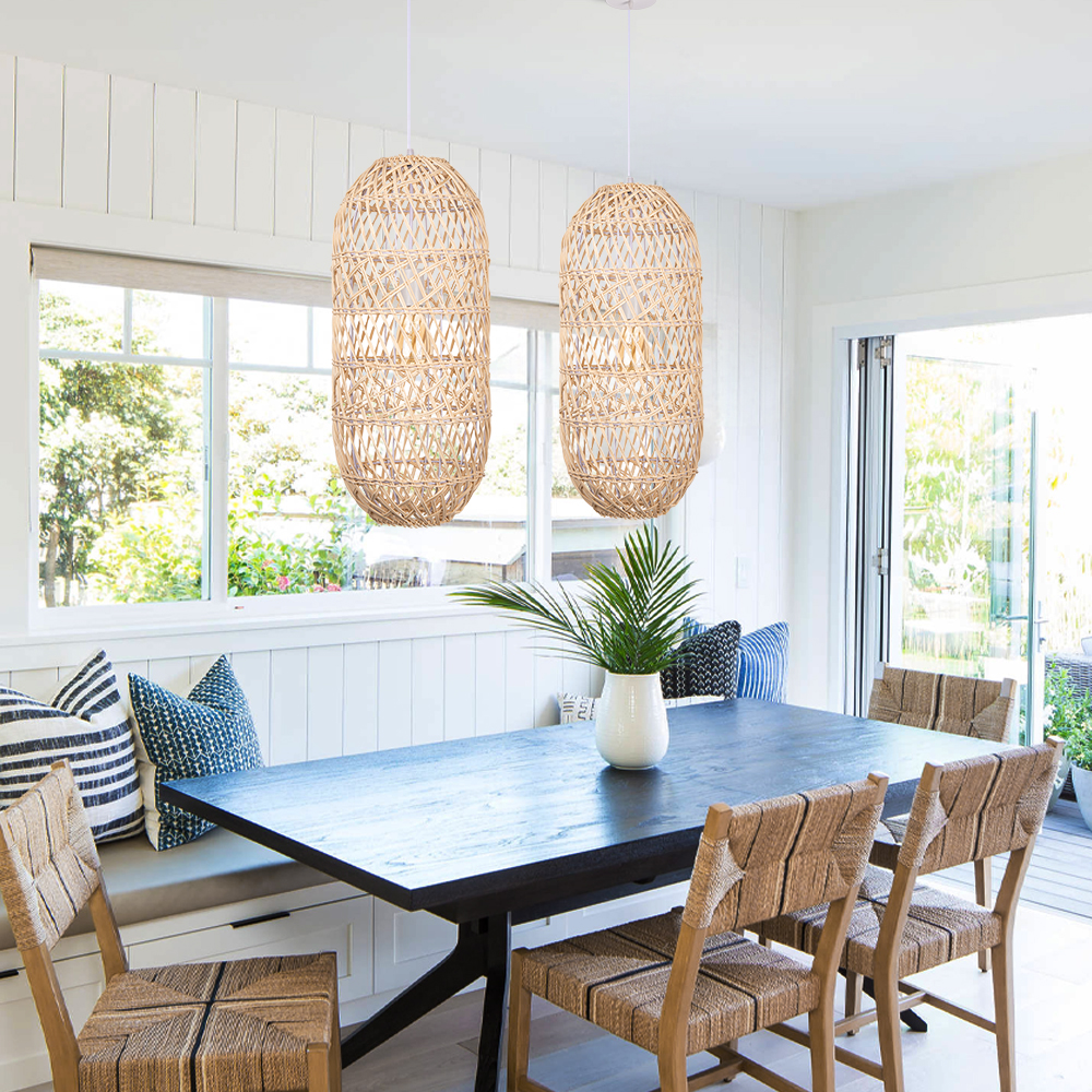 Japanese  Natural Hand-wove Rattan Oval Pendant Light Dining Room Chandelier