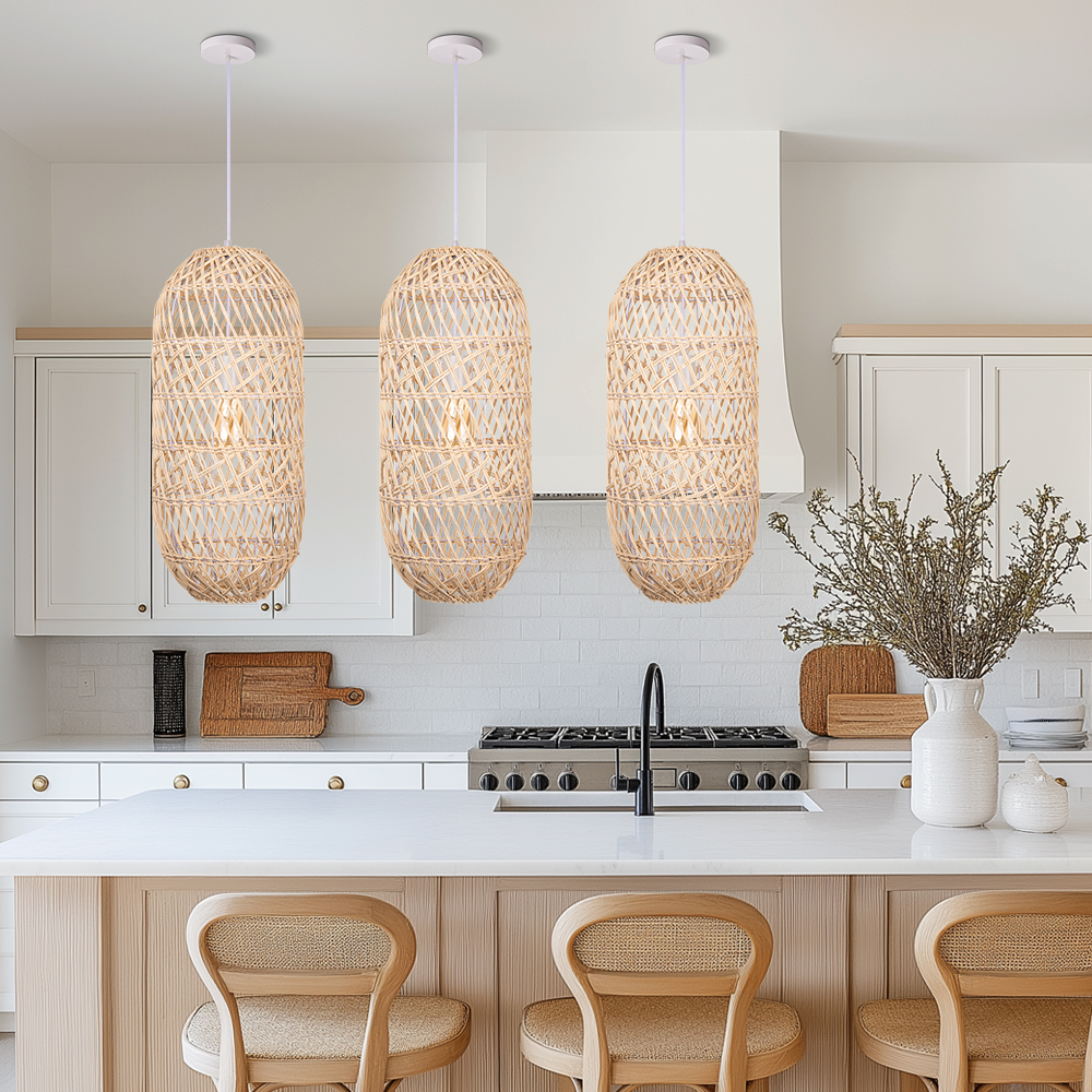 Japanese  Natural Hand-wove Rattan Oval Pendant Light Dining Room Chandelier