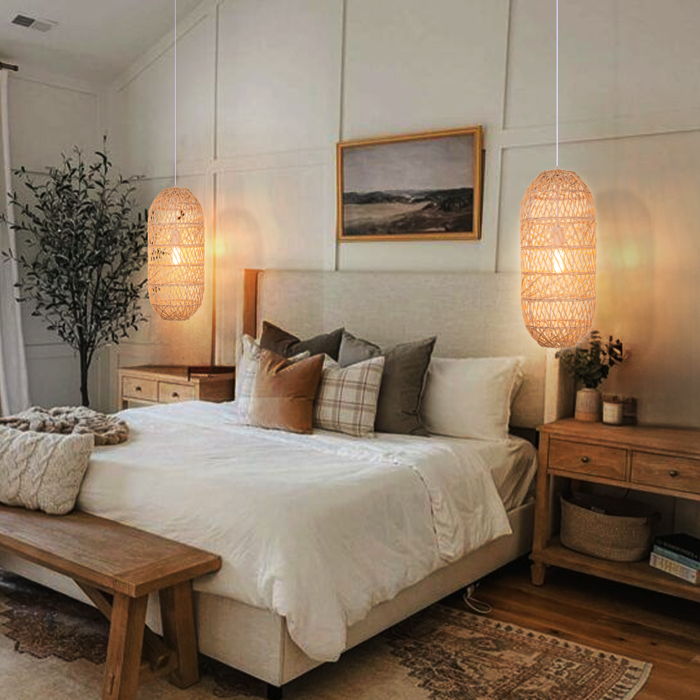 Japanese  Natural Hand-wove Rattan Oval Pendant Light Dining Room Chandelier