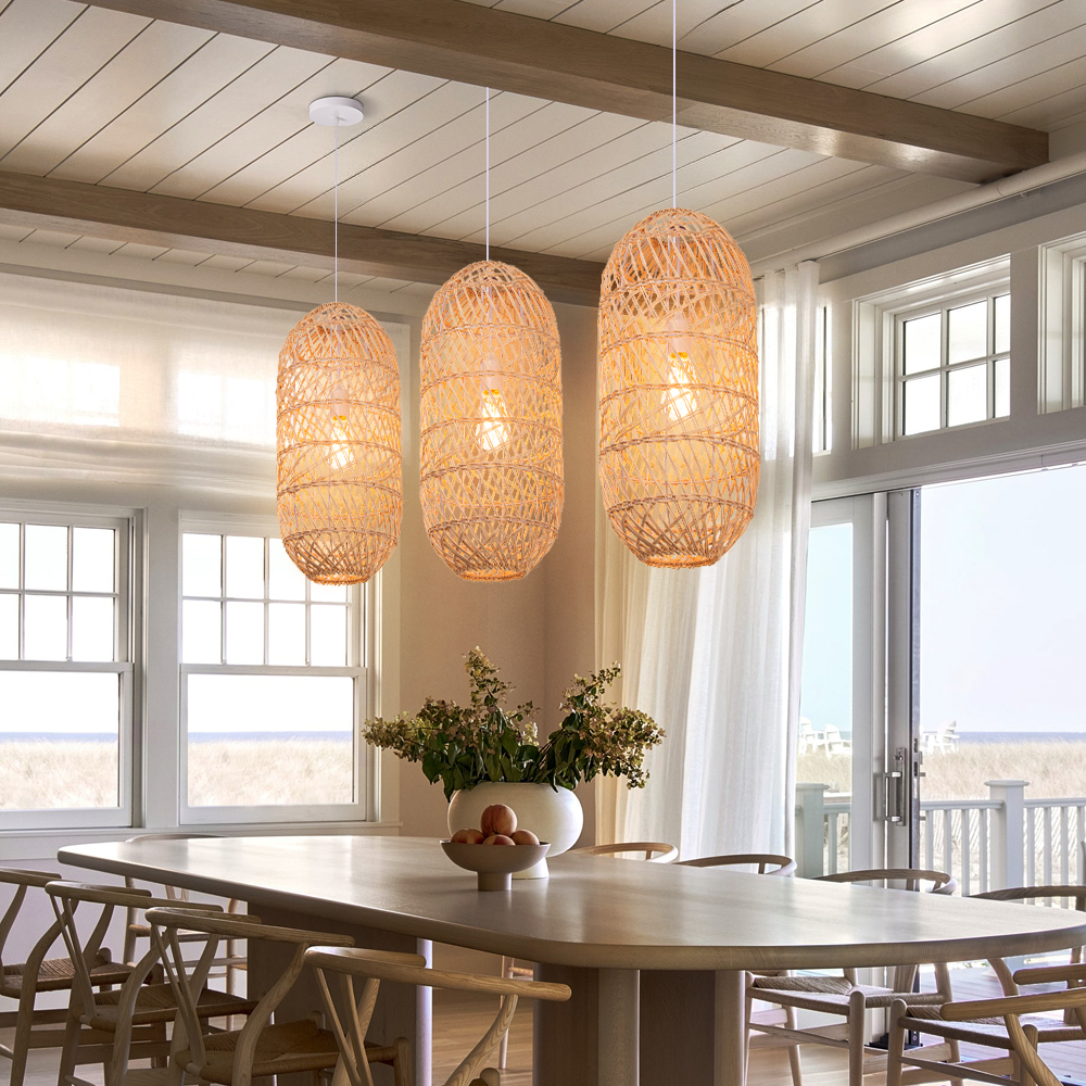 Japanese  Natural Hand-wove Rattan Oval Pendant Light Dining Room Chandelier