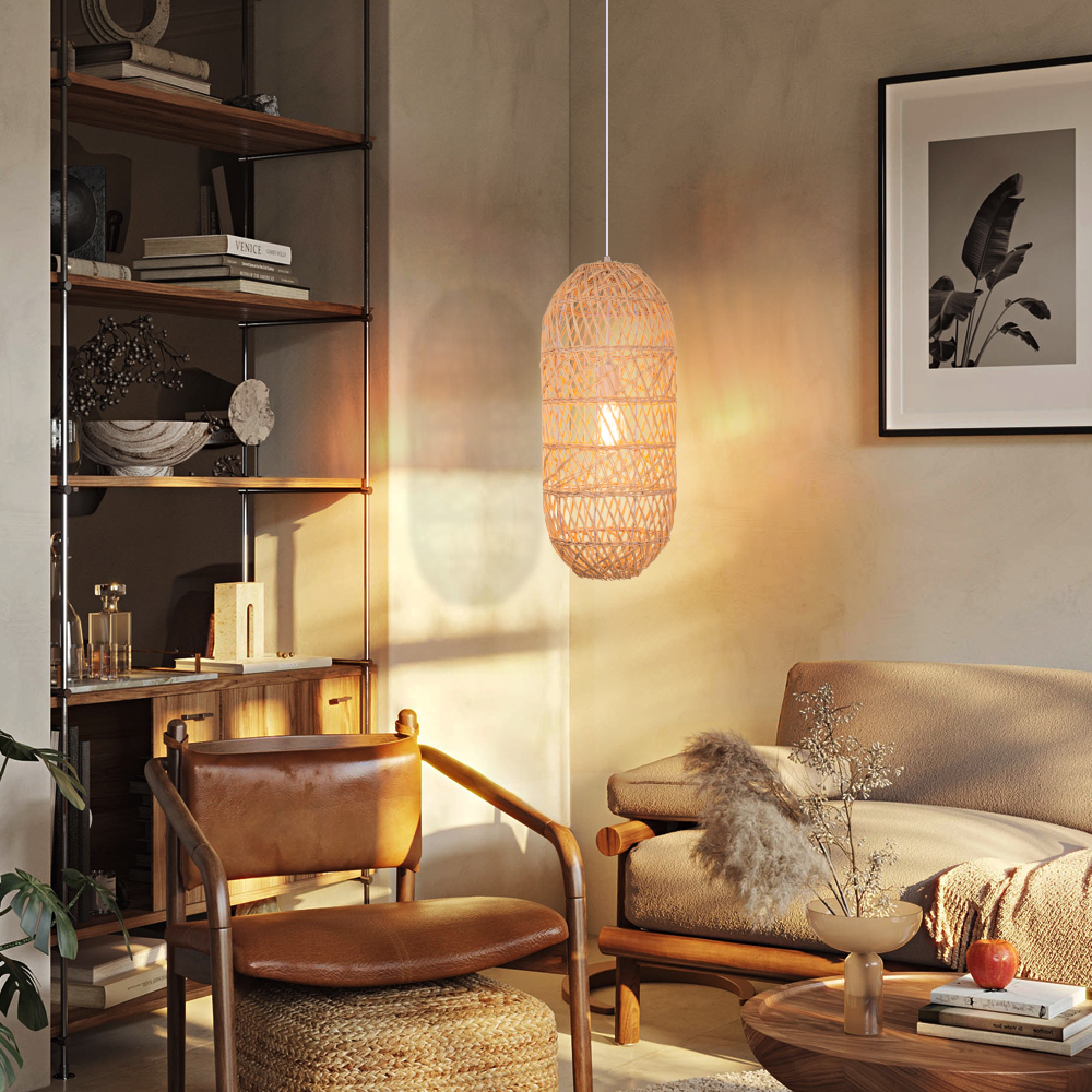 Japanese  Natural Hand-wove Rattan Oval Pendant Light Dining Room Chandelier