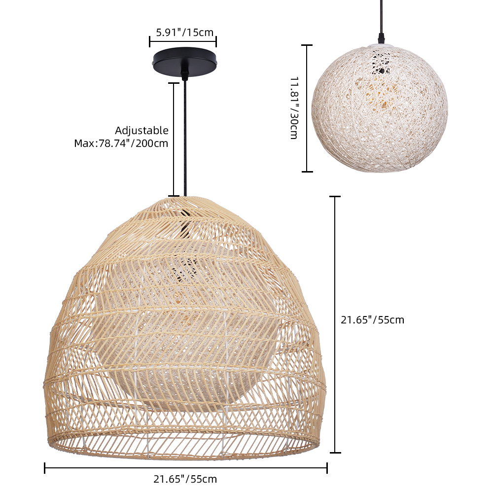 Boho Style Natural Rattan Double Ball Pendant Light Dining Room Chandelier