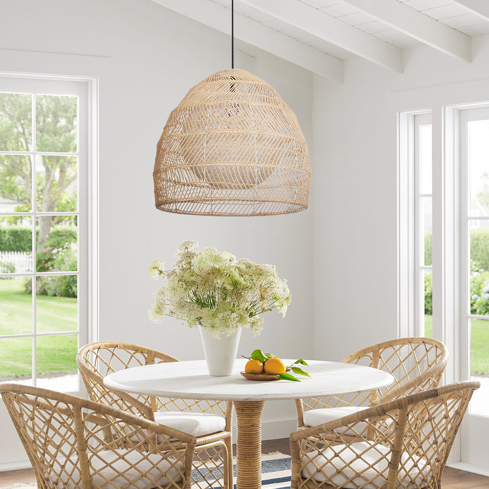 Boho Style Natural Rattan Double Ball Pendant Light Dining Room Chandelier