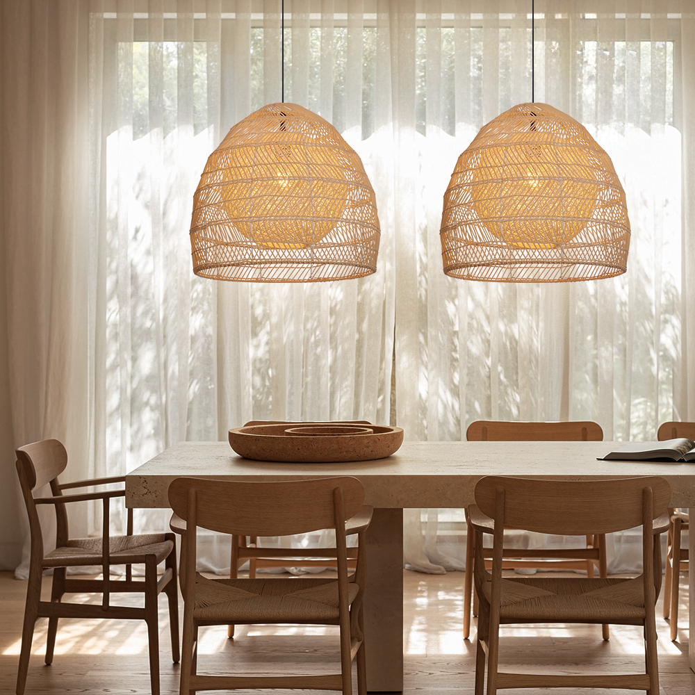 Boho Style Natural Rattan Double Ball Pendant Light Dining Room Chandelier