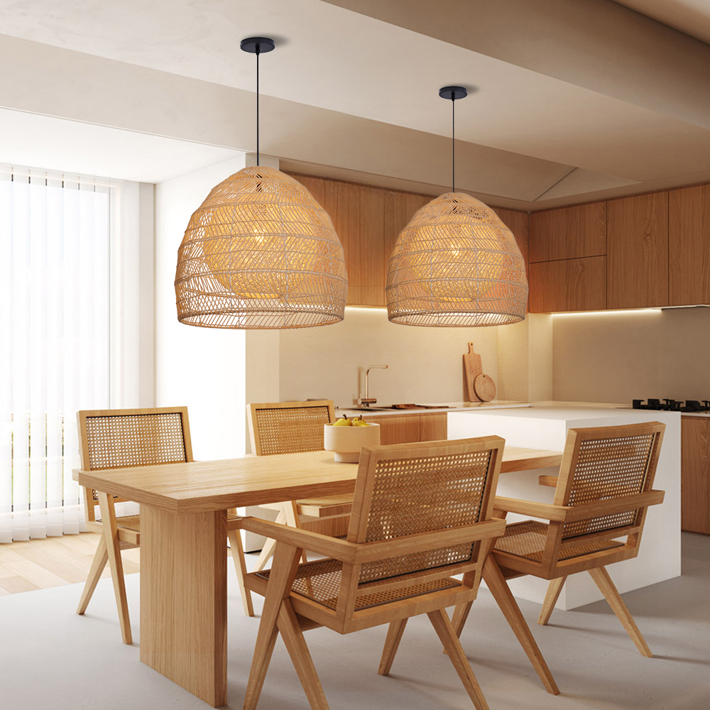 Boho Style Natural Rattan Double Ball Pendant Light Dining Room Chandelier