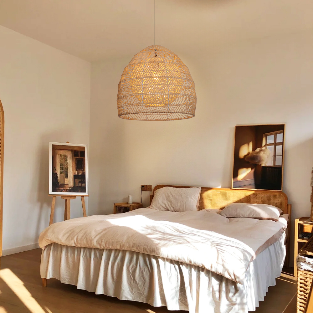 Boho Style Natural Rattan Double Ball Pendant Light Dining Room Chandelier