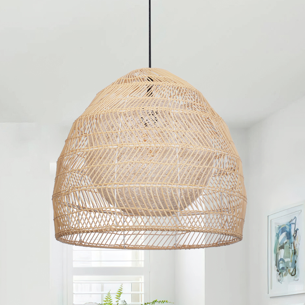 Boho Style Natural Rattan Double Ball Pendant Light Dining Room Chandelier