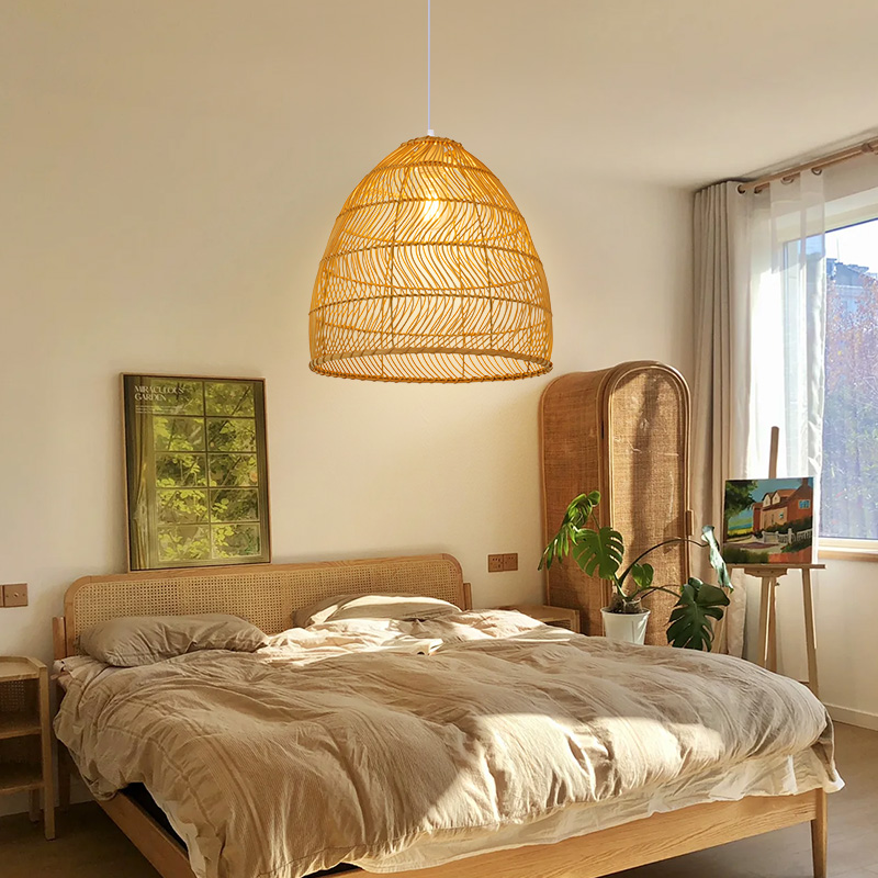 Rattan Cloche Pendant Lighting Fixture Boho Style