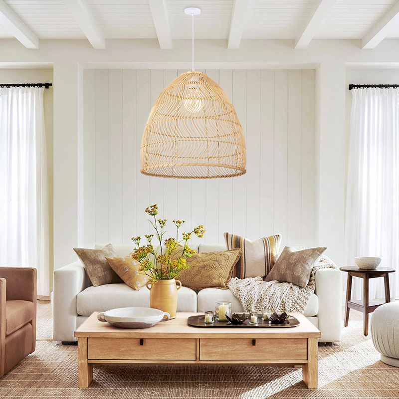 Rattan Cloche Pendant Lighting Fixture Boho Style