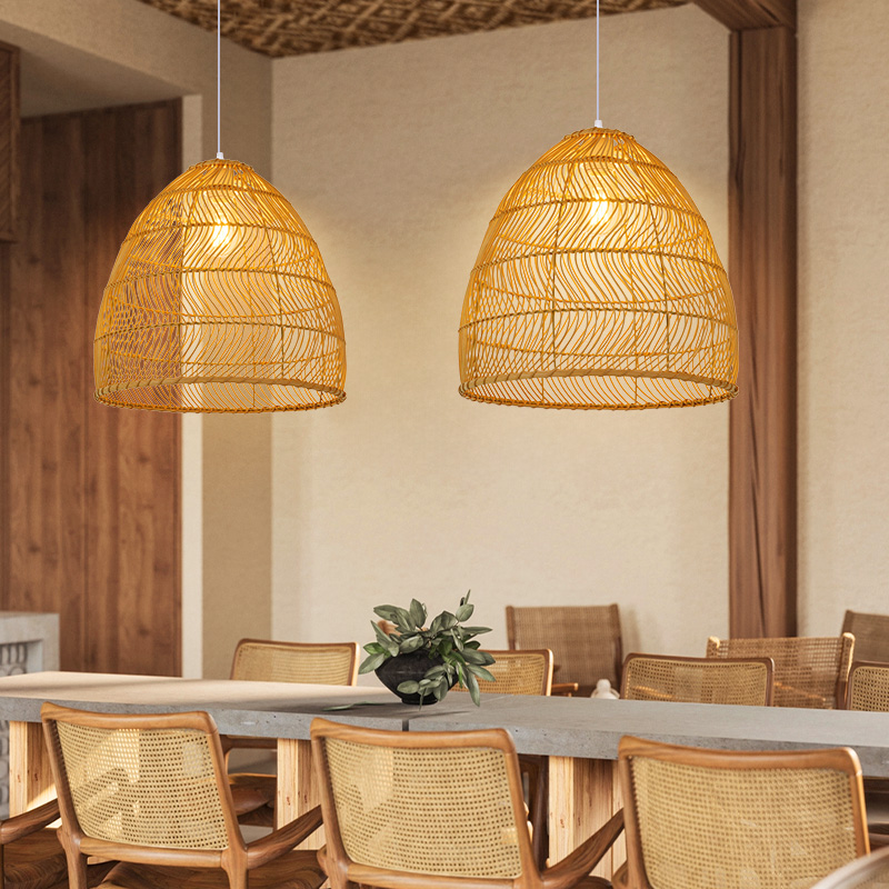 Rattan Cloche Pendant Lighting Fixture Boho Style