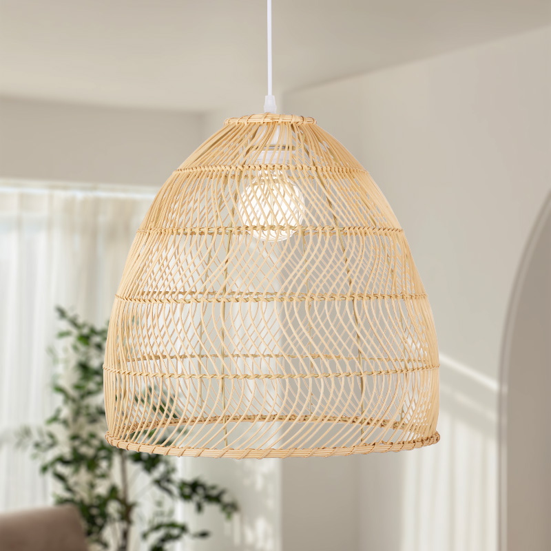 Rattan Cloche Pendant Lighting Fixture Boho Style