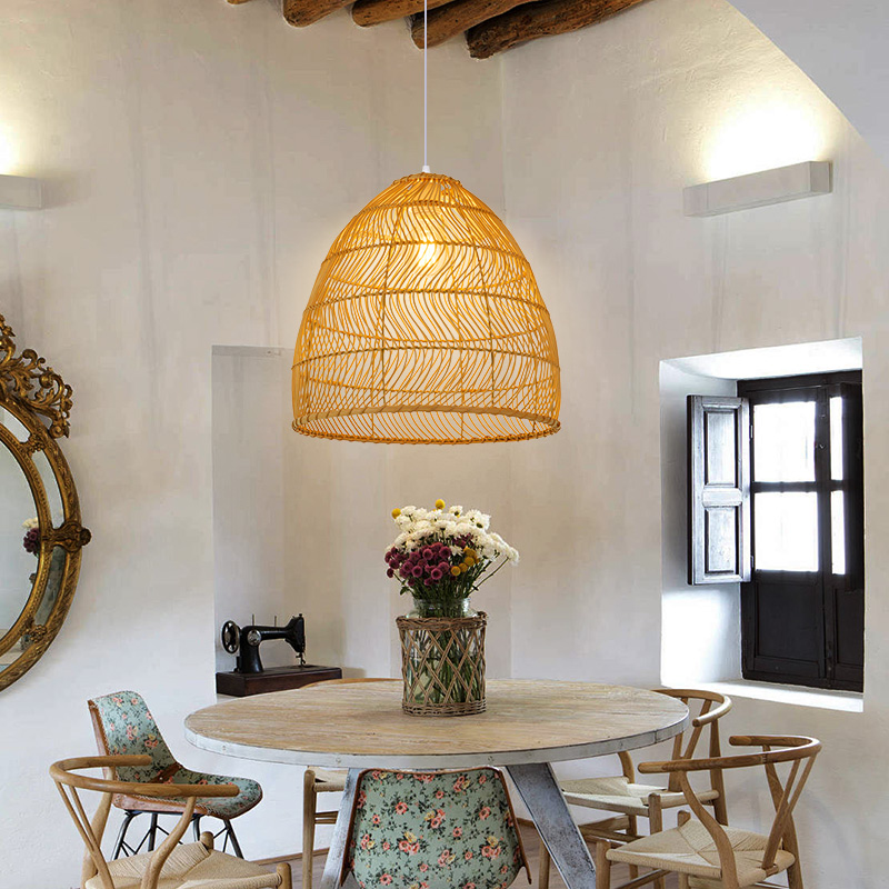 Rattan Cloche Pendant Lighting Fixture Boho Style