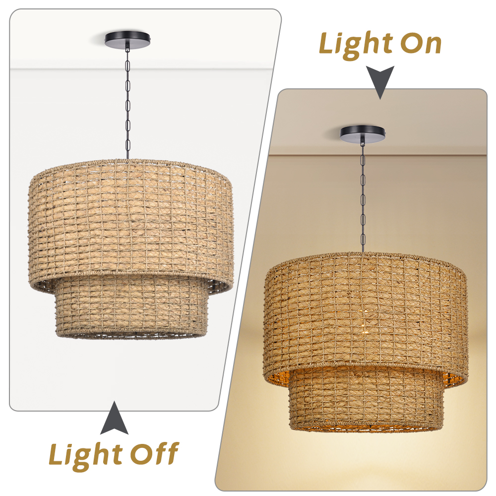 Japanese Style Light Brown Rattan Double-tier Pendant Light For Dining Room