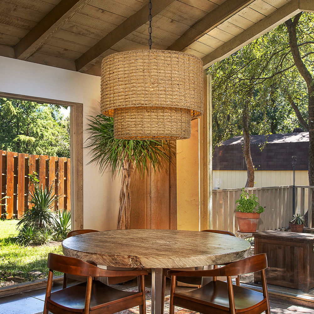 Japanese Style Light Brown Rattan Double-tier Pendant Light For Dining Room