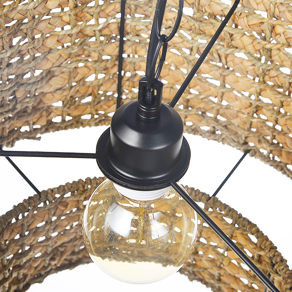 Japanese Style Light Brown Rattan Double-tier Pendant Light For Dining Room