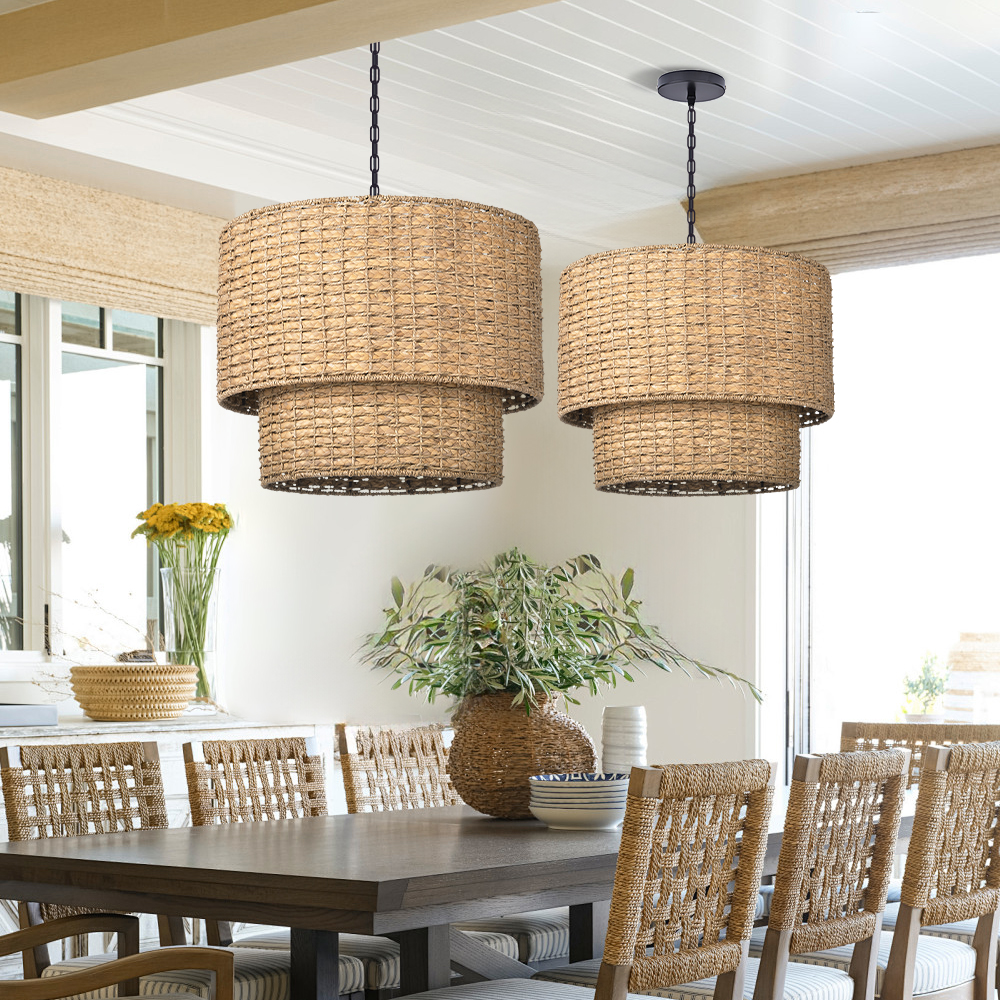 Japanese Style Light Brown Rattan Double-tier Pendant Light For Dining Room