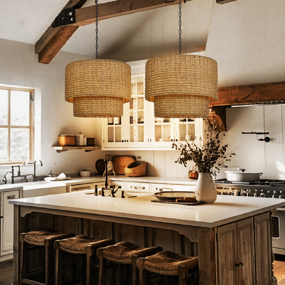 Japanese Style Light Brown Rattan Double-tier Pendant Light For Dining Room