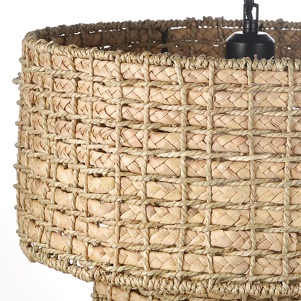 Japanese Style Light Brown Rattan Double-tier Pendant Light For Dining Room